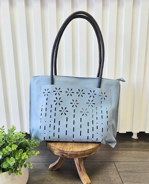 Leather Flower Temple Tote - Blue