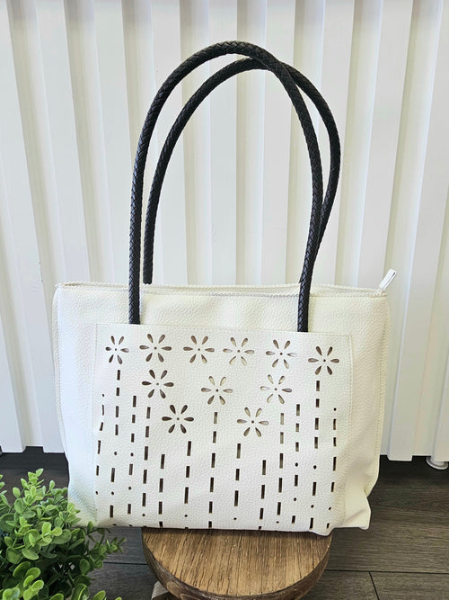 Leather Flower Temple Bag - White