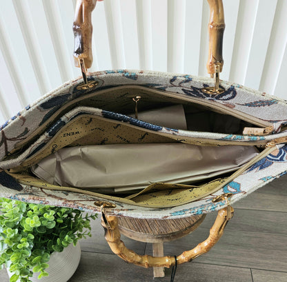 Navy Print Bag with Wood Handles
