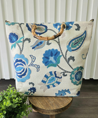 Blue Print Bag with Wood Handles