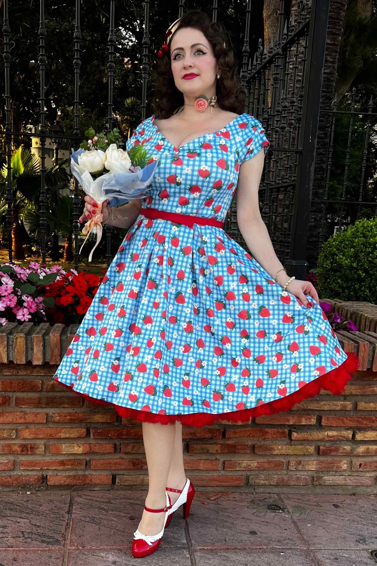 Lily Summer Strawberry Blue Gingham Dress