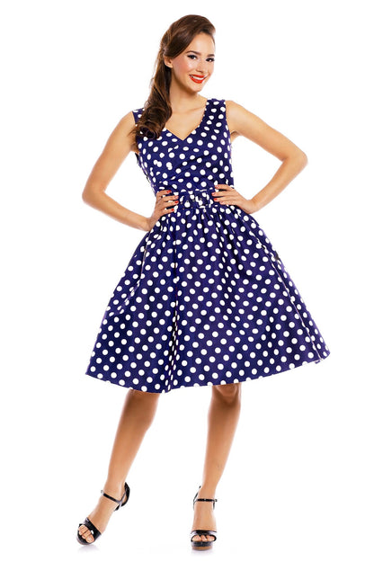 May V-neck 50s  Style Spot Dress in navy blue