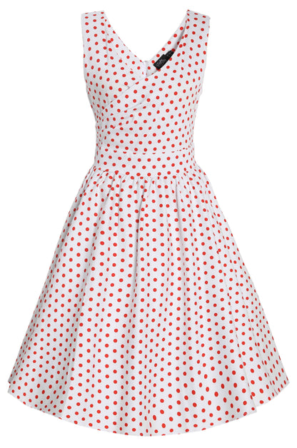 May V Neck White and Red Polka Dot Dress