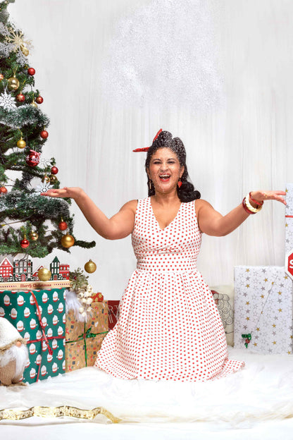 May V Neck White and Red Polka Dot Dress