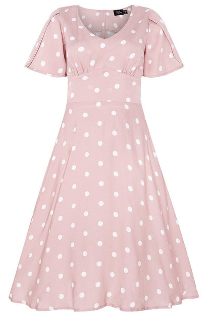 Janice V-Neck Sleeved Tea Dress in Pink Polka Dot Print