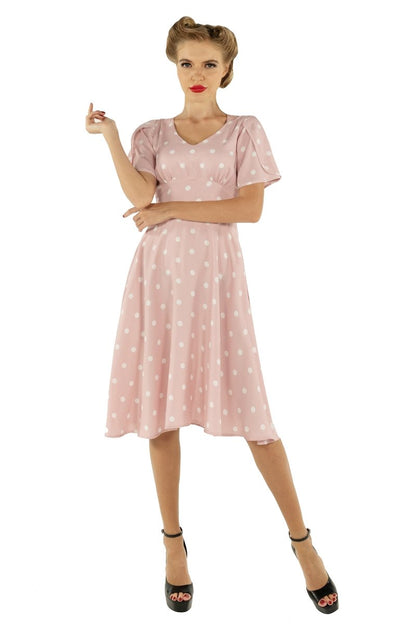 Janice V-Neck Sleeved Tea Dress in Pink Polka Dot Print
