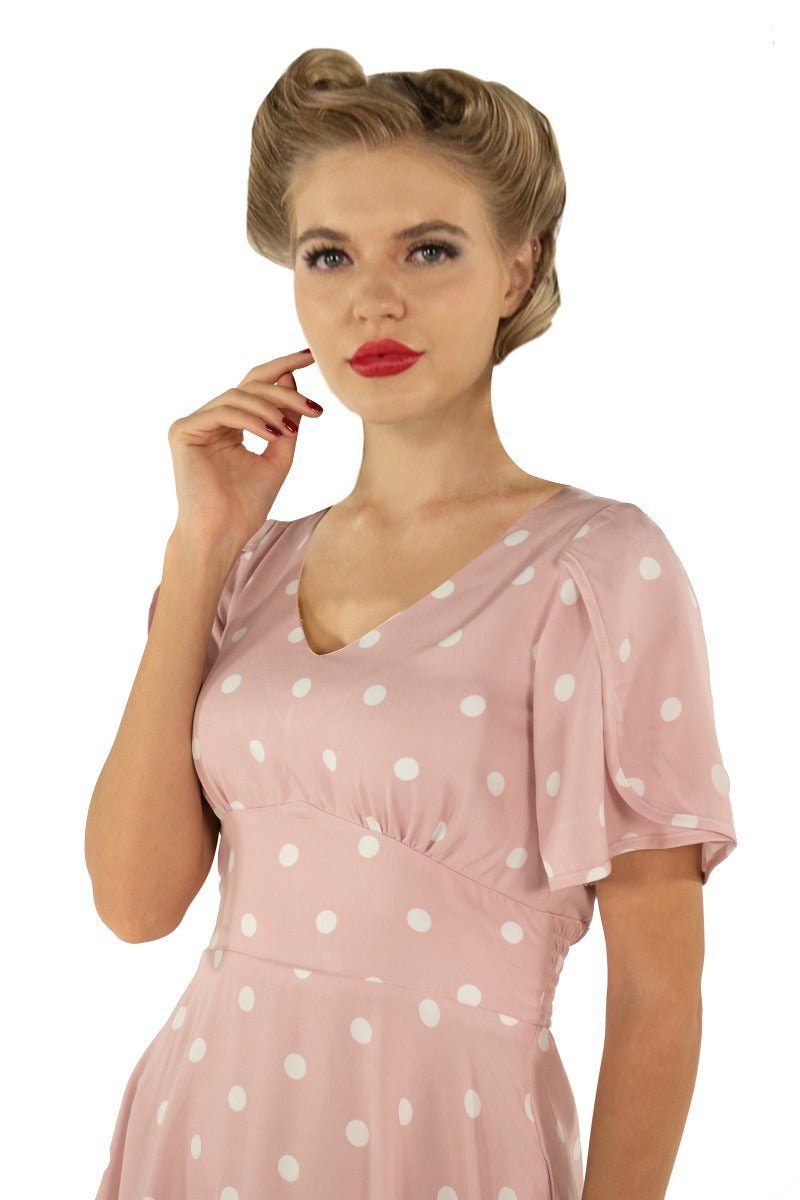 Janice V-Neck Sleeved Tea Dress in Pink Polka Dot Print