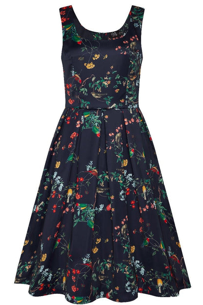 Navy Amanda 50s Inspired  Swing Dress  Bird with Flower Print