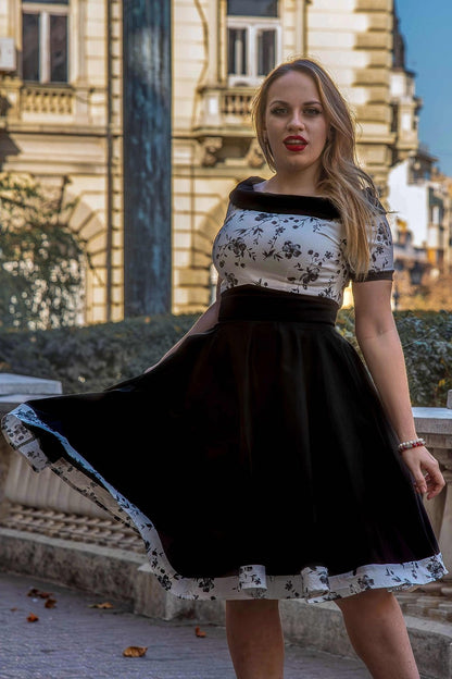 Darlene White & Black Floral Roll Collar Dress