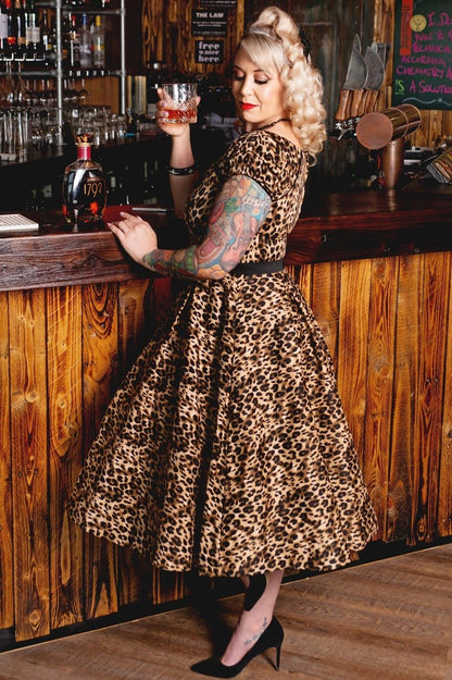 Lily Off-Shoulder Swing Dress in Brown Leopard Print
