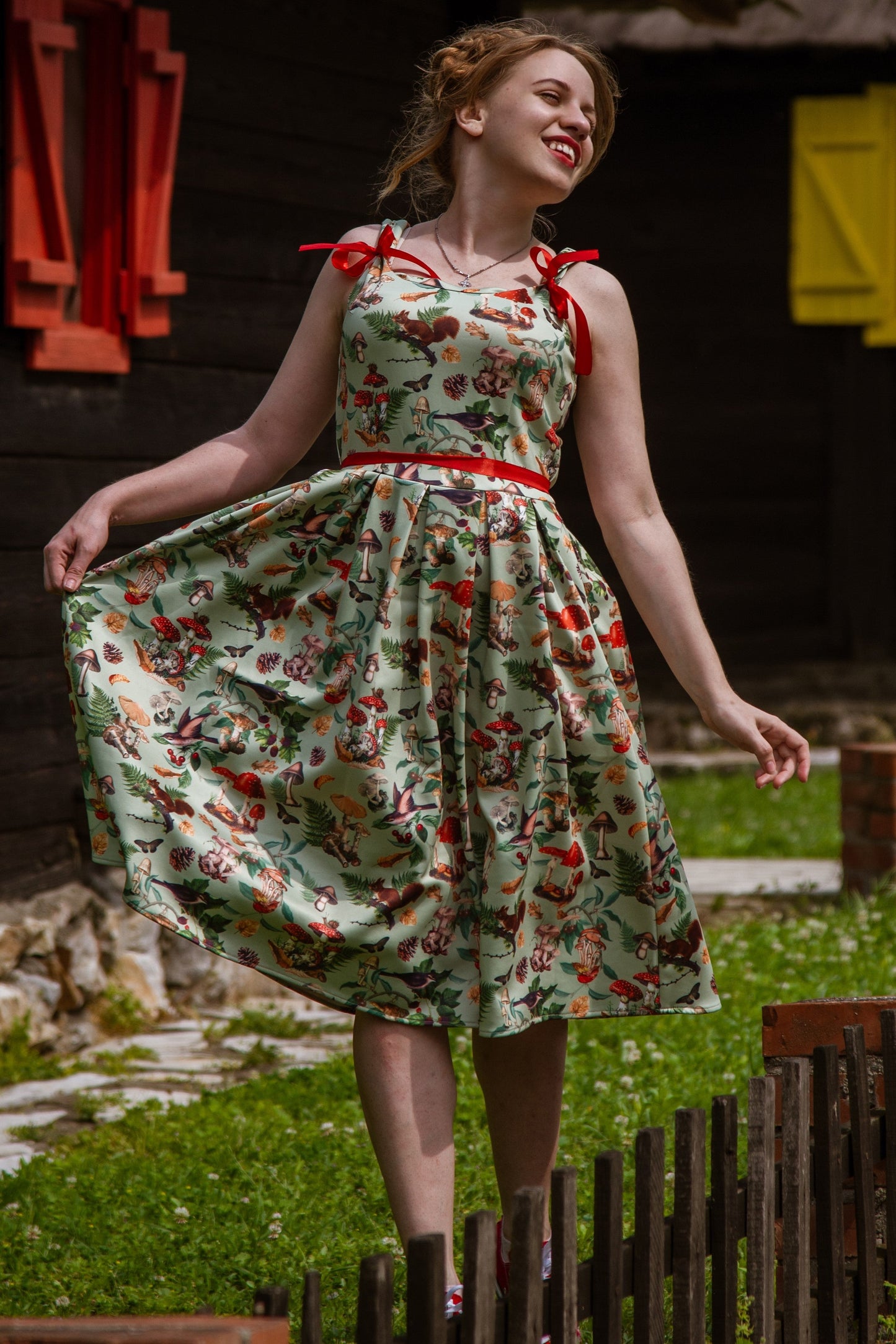 Amanda Woodland Flared Dress In Tea Green